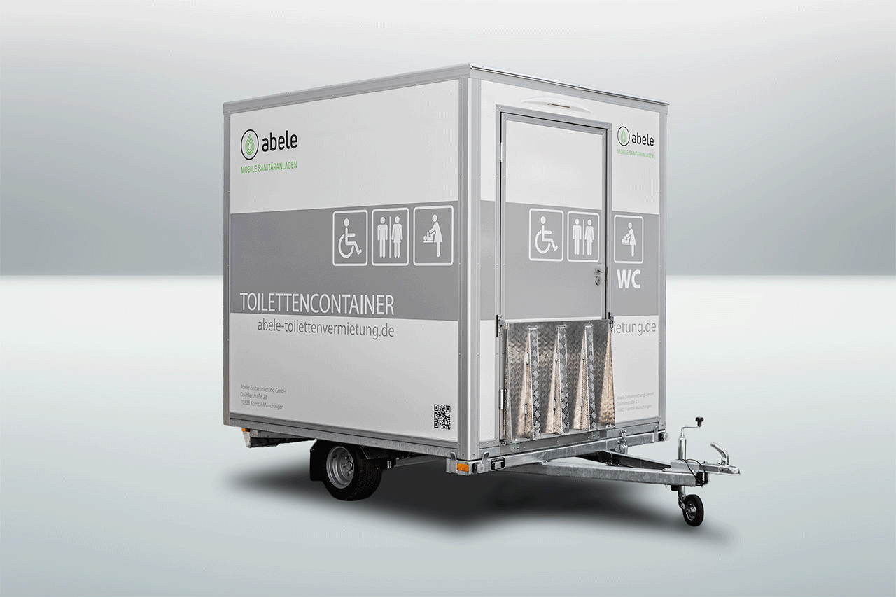 Handicap_GIF Mobiler Toilettencontainer mit Barrierefreiheitssymbolen, für Rollstuhlfahrer geeignet. Firmenlogo: Abele, mobile Sanitäranlagen.