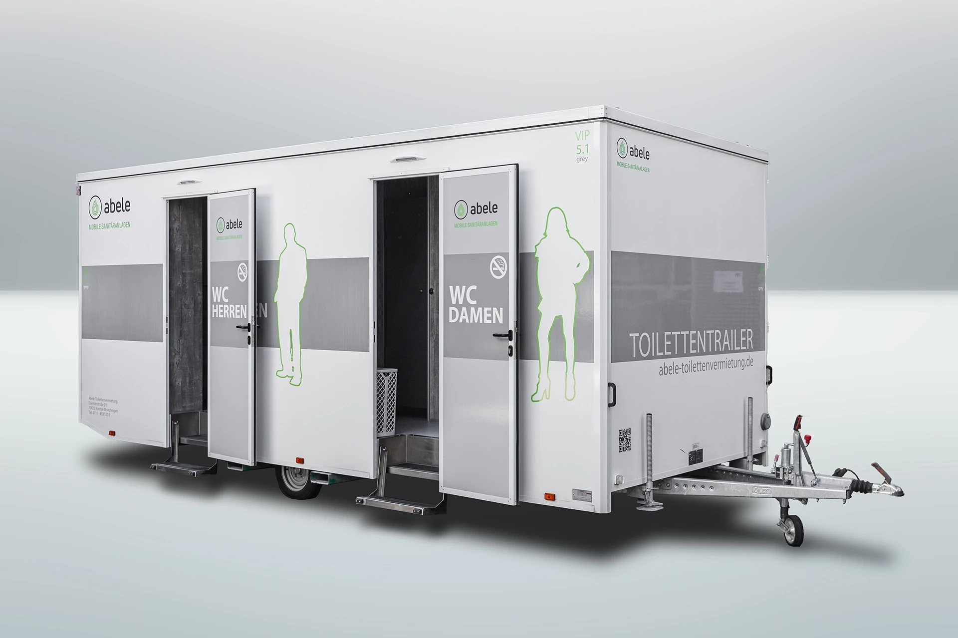 Toilettenwagen Modell Exklusiv – GoGrey 9 Mobiler Toilettenanhänger mit „WC Damen“ und „WC Herren“ Türen, und grauem Design.