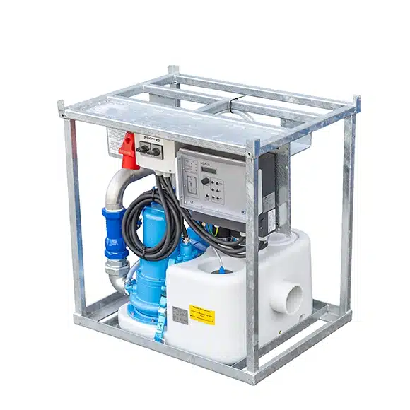 Metallrahmen mit blauer Hydraulikpumpe, weißen Tanks und Steuerungen, integriert in ein kompaktes Gehäuse.