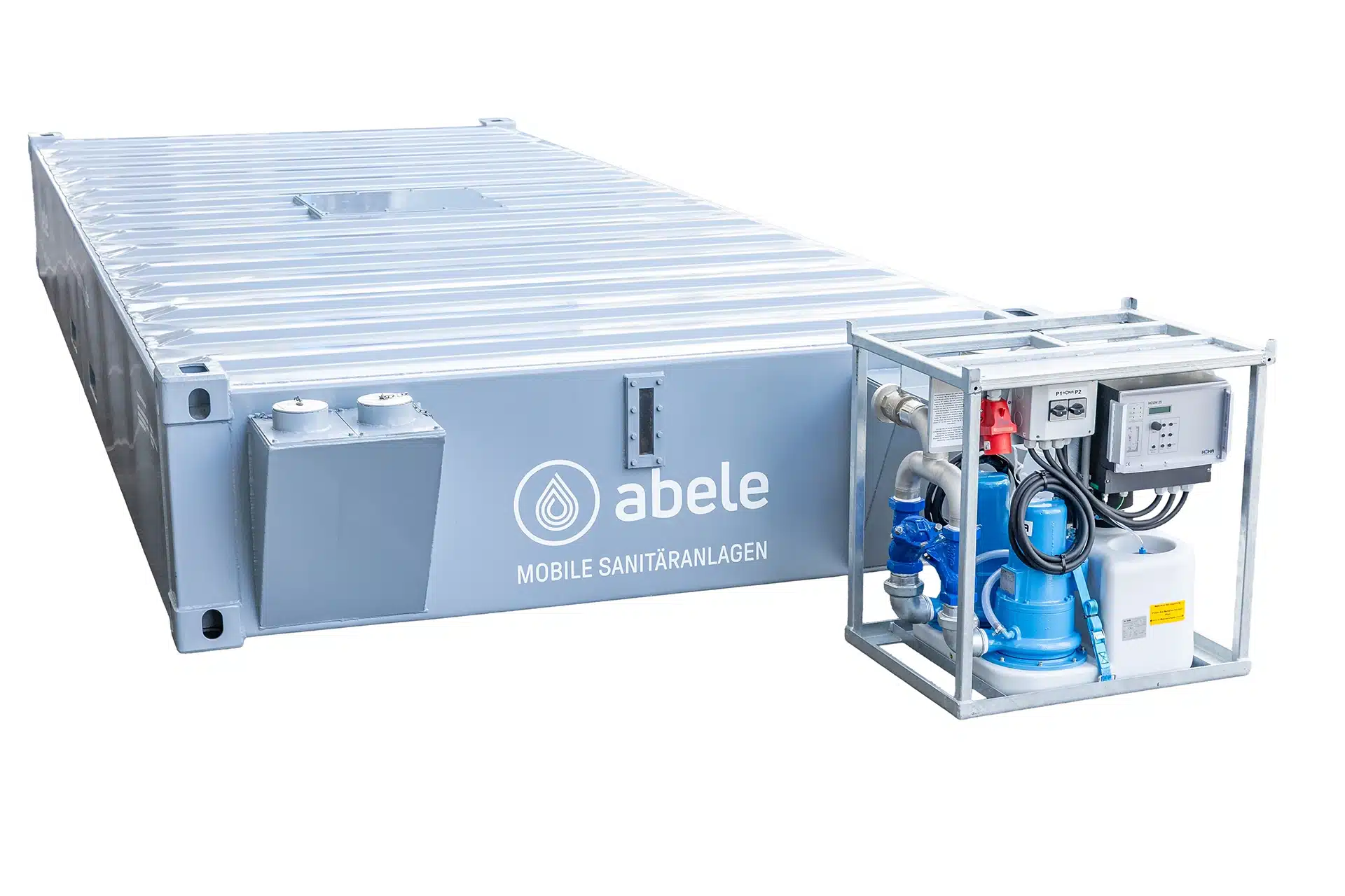 Abwassertank / Pumpe 17 Mobiler Sanitärcontainer mit Pumpen- und Steuerungseinheit für flexible Einsatzmöglichkeiten im Freien.