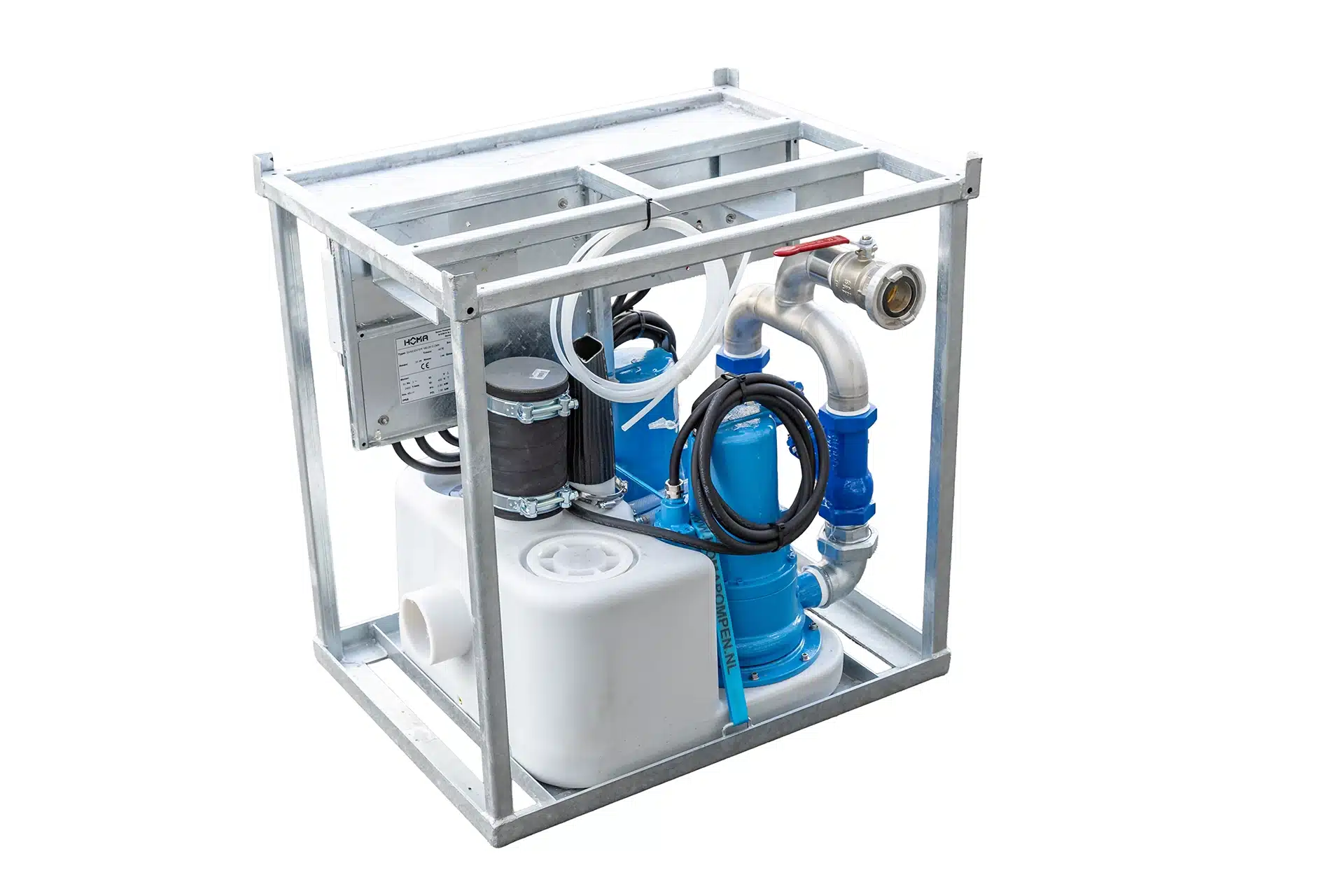 Abwassertank / Pumpe 10 Pumpenaggregat in Metallrahmen mit blauen Rohren und elektrischen Komponenten zur Abwasserentsorgung.