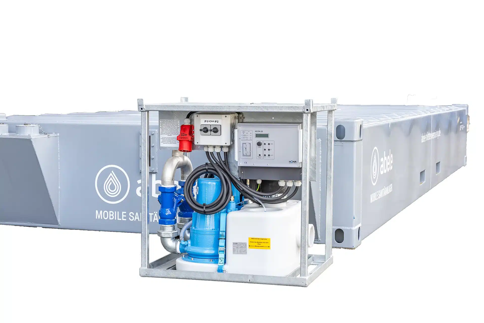 Abwassertank / Pumpe 15 Technische Ausrüstung für mobile Sanitäreinrichtungen, bestehend aus Pumpe, Steuerung und Rohren in Edelstahlrahmen.